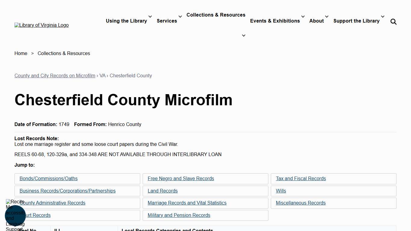 Chesterfield County Microfilm Library of Virginia